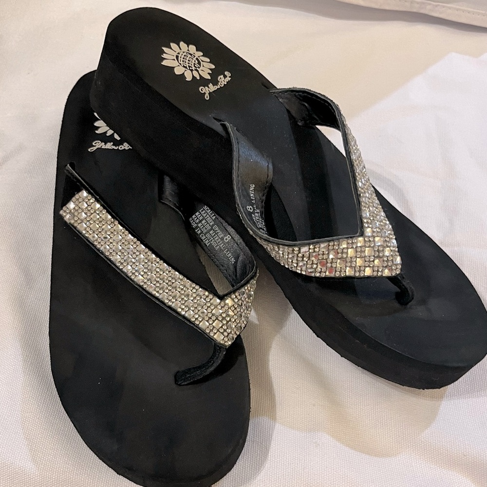 Black sparkly yellow box platform sandals size 8. Used.